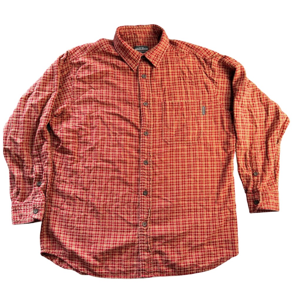 Woolrich Mens Large Red Plaid Grid Button Down Shirt Long Sleeve‎ Outdoor Cotton